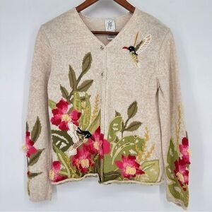 Hummingbird and Flower Button Down Cardigan‎ Sweater Button Front Floral Small